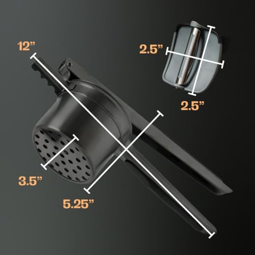 Potato Ricer Stainless Steel (15 oz, Black) - Heavy Duty Potato Masher with 3 Interchangeable Discs & Peeler - Easy Mashed Potatoes Kitchen Tool by Kovilo