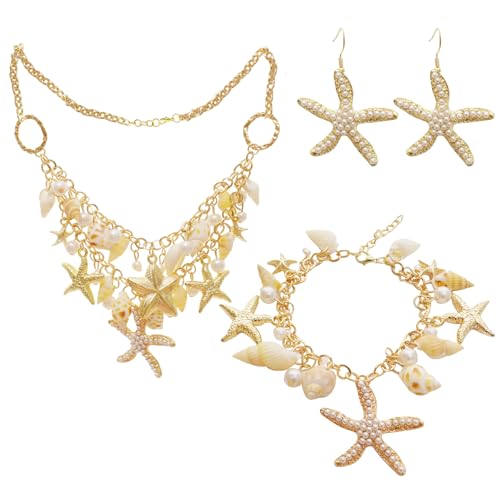 Sdfvsdg Boho Shell Starfish Jewelry Set Shell Necklace Chokers Mermaid Sea Shells Starfish Pearl Chunky Necklace Bracelet Earrings for Women