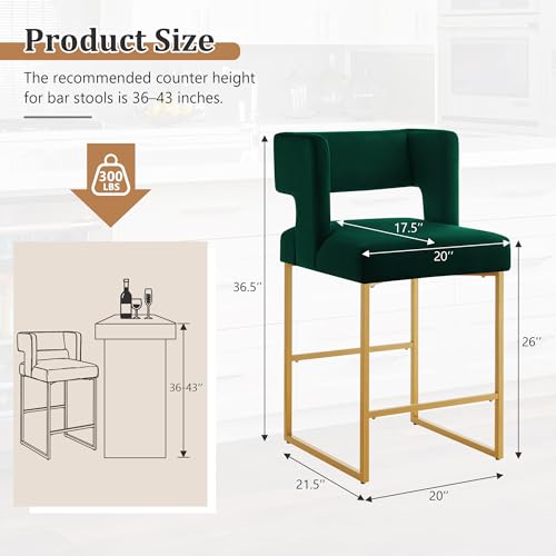 Image of Counter Height Bar Stools Set of 2, Green Velvet Bar Chair Gold Leg | 26 inch Seat Height Fits Standard Kitchen Islands, Upholstered Barstools, Back Support, Square Metal Legs, Footrest