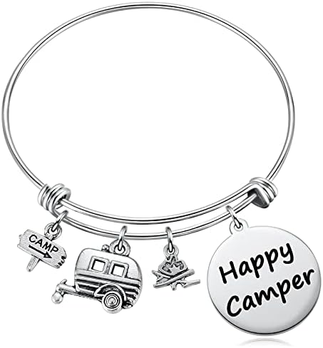 Aesnefe Happy Camper Charm Bracelet Expandable Bangle, RV Camping Gifts for Women Teens, Outdoors Nature Campfire Gift for Camper Lover, Travel Trailers Vacation Jewelry Gift