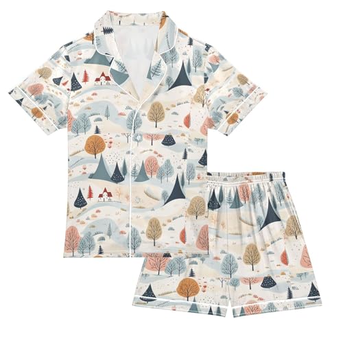senya Mountain Peak Tree Satin Summer Pajama Sets Silk Short Sleeve Button Down Sleepwear