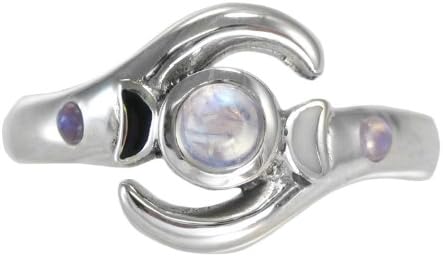 Sterling Silver Rainbow Moonstone Lunar Phases Triple Goddess Ring (Sizes 4-15)