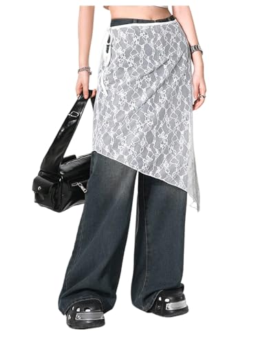 Verdusa Women's Floral Lace Sheer Skirt Tie Knot Asymmetrical Knee Length Skirts