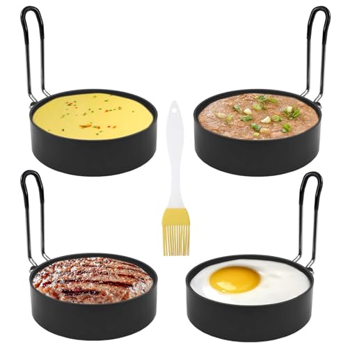 4 Stück Spiegeleiform Edelstahl Eierringe 9 9 cm Bratpfanne Eierring Antihaftbeschichtung Eierring mit Klappgriffe mit Silikonbürste für Spiegeleier Sandwiches Pfannkuchenform für