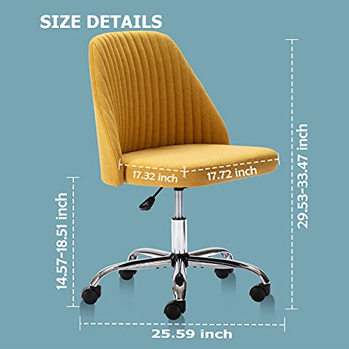Home Office Desk Chair, Vanity Chair, Modern Adjustable Low Back Rolling Chair, Twill Upholstered Cute Office Chair, Desk Chairs With Wheels For Bedroom, Classroom, Vanity Room (Yellow) #TOP6