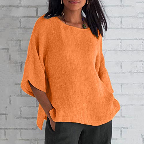 Tops de linho de algodão para mulheres manga 3/4 dente-de-leão estampa gráfica gola redonda blusa vi