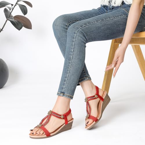 Image of Wedge Sandals for Women Dressy, Woman's Sandal Comfortable Low Wedges Heels Ankle Elastic Strap Sandles with Flower Rhinestones