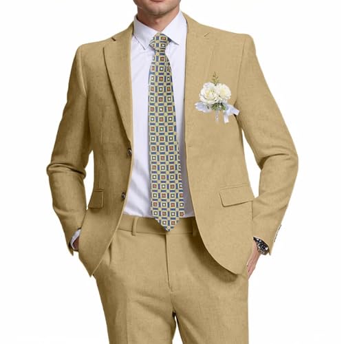 Wehilion Men's 2 Piece Khaki Linen Suits Slim Fit Casual