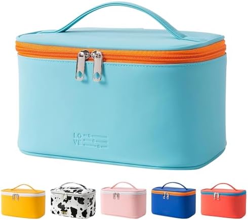 KNETAP Makeup Bag Large Capacity Travel Cosmetic Bag with Brush Holders – Portable PU Leather Makeup Organizer for Women – Waterproof Make up Pouch Small Toiletry Bag for Travel(Light Blue)