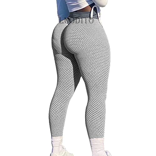 Anti Cellulite Textured Lifting Leggings for Women Scrunch High Waist Yoga Pants Butt Lift Tummy Control Workout Tights(#1 Gray, Large)