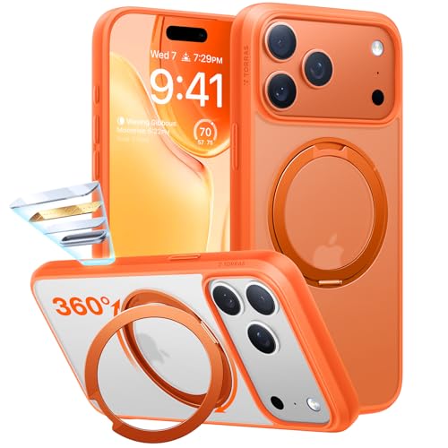 Image of TORRAS Upgrade 360 Magnetic Stand for iPhone 17 PRO Case, Fit for MagSafe | Mil-Grade Protection, Camera Control Button, Slim Soft Edge Translucent Back for iPhone 17Pro 6.3 inch, Orange