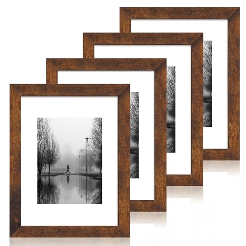 iRahmen 9x12 Picture Frame Set of 4 with Tempered Glass, Wooden Rustic Frame Display 6x8 Pictures with Mat or 9 x 12 Without Mat, Photo Frame for Wall Mount and Tabletop Display