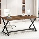 IBF Rustic Brown Computer Desk, Farmhouse Home Office Desk, Industrial Wood Metal Legs Work Desk for Writing Study, Vintage Minimalist Laptop Executive Workstation PC Gaming Table in Bedroom, 140 CM