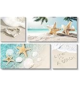 TAR TAR STUDIO Sand Beach Wall Art Picture: Seashell and Starfish Artwork Print on Canvas for Liv...