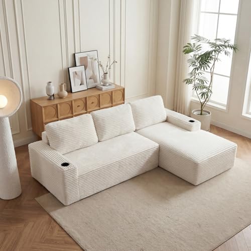 Image of 104 inch L Shaped Boneless Sectional Couches for Living Room, Comfy Corduroy Floor Cloud Sofa with Chaise and Cup Holder, Wide Armrest, Deep Seat, Assembly Free, Ideal for Small Spaces, Beige
