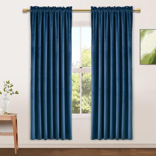 JIUZHEN Navy Velvet Blackout Curtains 42W x 63L 2 Panels with Tiebacks