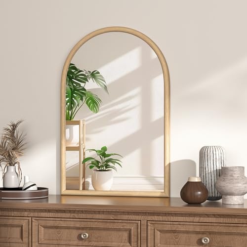 Image of 20 inchx30 inch Arch Wall Mirror for Wall, Wall Mounted Vanity Mirror for Bedroom, Wood Grain Finish Frame Mirror with Tempered Glass, Vintage Decorative for Bathroom, Entryway, Living Room, Natural