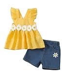 XUANHAO 2T Girl Clothes Summer Toddler Girl Outfits 3T Girls Clothes Yellow Spring Daisy Flower Bow Knot Ruffle Sleeveless T Shirts Tops Denim Jeans Shorts Set 2 3 Year Old Girls Outfits