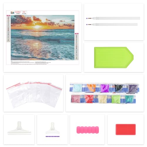 Lxmsja Beach Ocean Diamond Art Kits for Adults, Sunset DIY Full Drill Diamond Painting Kits for Beginners, 5D Gem Art Crafts for Adults, Home Wall Decor 16x12 inch