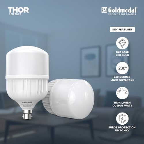 Image of Goldmedal Thor 40W B22 Base LED Bulb - Warm White (3000k) | Energy Efficient | 230 Degree Light Coverage | Surge Protection up to 4KV | Rated Life 15000 Hrs | for Home & Office |Pack of 2