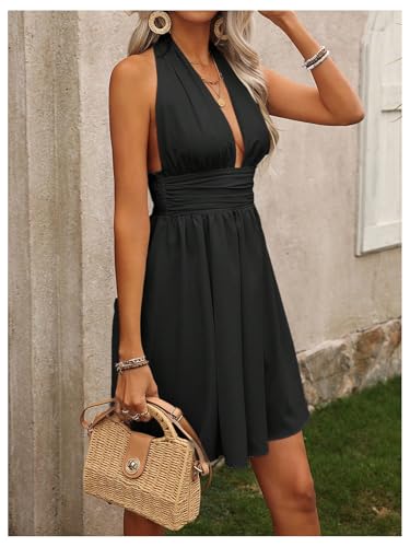 Image of Floerns Women's Backless Halter Dress Sleeveless Ruched Flare Hem A Line Dresses