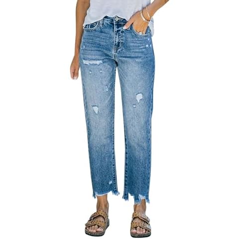 Botillosh Women 's Straight Leg Jeans High Waist Loose Fit Denim Jeans Casual Distressed Denim Pants Wide Leg Raw Hem Jeans Cover