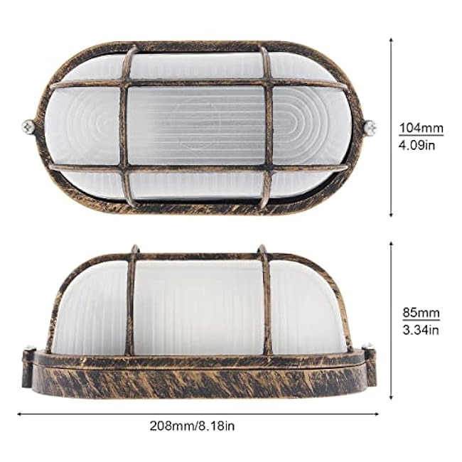 RTNLIT Nautical Bulkhead Light Fixture Antique Copper Outdoor Wall Light Fixture Grid Oval