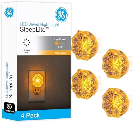 GE SleepLite Jewel LED Night Light, Plug-in, Always On, Warm White, UL-Certified, Energy Efficient, Ideal Nightlight for Bedroom, Bathroom, Nursery, Hallway, Kitchen, 84094, 4 Pack