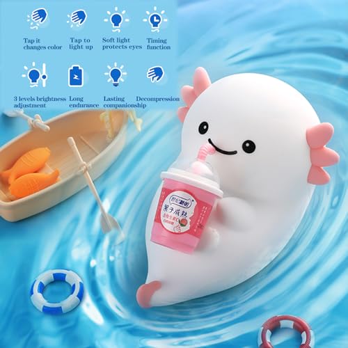 Image of Cute White Axolotl Night Light, LED Squishy Night Lamp, Dimmable Timer Nursery Nightlight for Kids, Rechargeable Touch Lamp, Dorm Decor, Kids Funny Gifts(White Axolotl)