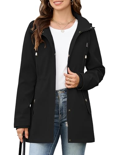 CMTOP Chaqueta Mujer Entretiempo Ligero Longitud Media Chaqueta, Primavera Otoño Abrigo Resistente al Agua Parka Casual Sólido Cazadora con Capucha Desmontable y Multibolsillos(Negro,XL)
