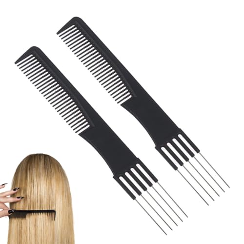 2 Pcs Outil de Coiffure avec Fourchette Métal & Dents Fines, Peigne de Coiffeur Noir avec Fourchette en Métal et Dents Fines, Peignes à Dents Larges Style...