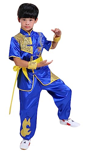 Chinesische Uniform für Jungen und Mädchen, Kung-Fu-Meister, Tai Chi, Drache, Oberteil, Hemd, Hose, Set, Blau, 9-10 Jahre