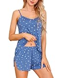 Senert Women Cami Pajama Set Modal Sleepwear Stars Print Short PJ Set with Shorts Lake Blue Star,Large