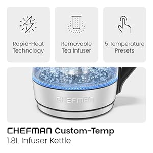 Chefman Electric Kettle with Temperature Control, 5 Presets LED Indicator Lights, Removable Tea Infuser, Glass Tea Kettle & Hot Water Boiler, 360° Swivel Base, BPA Free, Stainless Steel, 1.8 Liters Chefman Electric Kettle with Temperature Control 5 Presets LED Indicator Lights Removable Tea Infuser Glass Tea Kettle Hot Water Boiler 360 Swivel Base BPA Free Stainless Steel 18 Liters