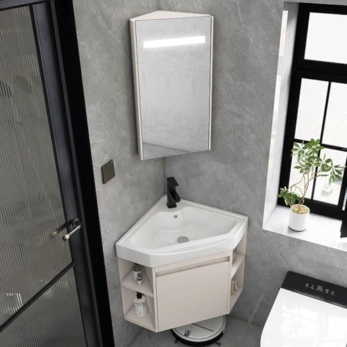 Lavabo esquinero de baño para montaje en pared, tocador de baño esquinero con armario y contenedor de almacenamiento para espacios pequeños, armario de almacenamiento independiente (43 cm)