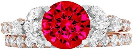 2.72ct Round Marquise Cut Solitaire 3 stone Accent Flawless Simulated CZ Red Ruby Engagement Promise Statement Anniversary Bridal Wedding Designer Ring Band set 14k Rose White Gold Size 7.75