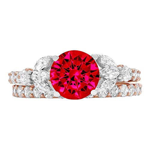 2.72Ct Round Marquise Cut Solitaire 3 Stone Accent Flawless Simulated Cz Red Ruby Engagement Promise Statement Anniversary Bridal Wedding Designer Ring Band Set 14K Rose White Gold Size 7.75 #TOP22