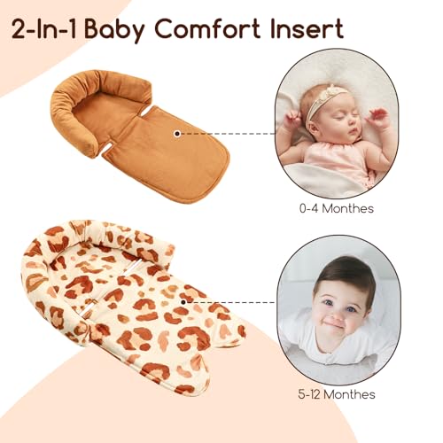 Image of GFU Baby Car Seat Head Support for Newborn, 2 in 1 Infant Car Seat Head Body Support with Strap Pads, Soft Stroller Cushion Pillow Insert for Girls, Fits for Stroller, Swing, Brown