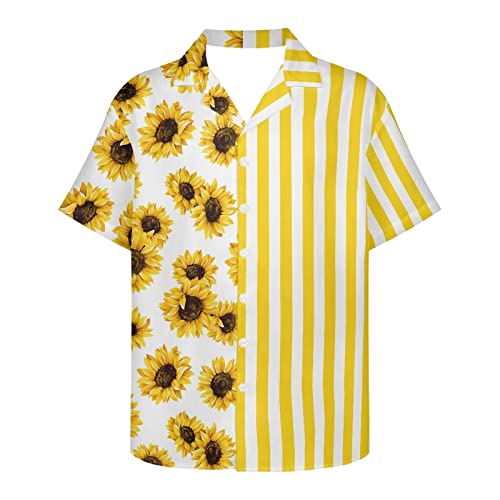 PinUp Angel Camisas hawaianas para hombre, manga corta, a rayas, con botones, camisas de playa, camisas de bloque de color para viajes, Girasol amarillo blanco, X-Small