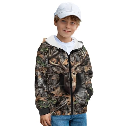 Xoenoiee - Xoenoiee Sweat à capuche zippé à manches longues avec poche pour enfants de 6 à 16 ans, Camouflage forêt cerf chasse, 6-8 ans