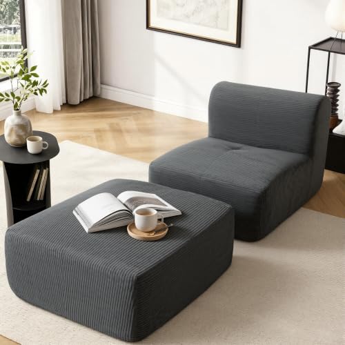 Image of Armless Chair with Ottoman, Modern Corduroy Convertible Cloud Couch