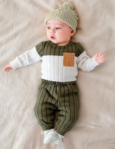 Baby Boy Clothes Color Block Ribbed Knitted Outfits Long Sleeve Romper+ Pants 2PCS Outfit 0-12 Months2