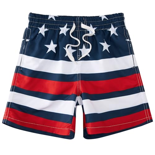 Cozople Boys USA Flag Swim Trunks Quick Dry UPF50+ Bathing Suit with Mesh Liner Summer Gym Workout Running Shorts Size 9-10