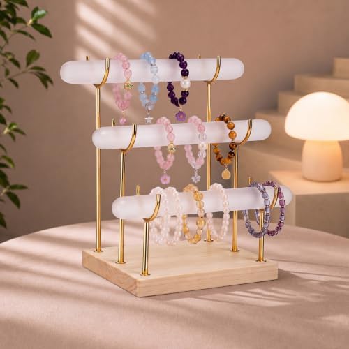 RattanView Selenite Bracelet Holder Display Stand Crystal Healing Goth Bracelet Display Stand Detachable Jewelry Wrap Watch Organizer Holder with Wooden Base for Bangles Charging Clean (3 Tier) - 5