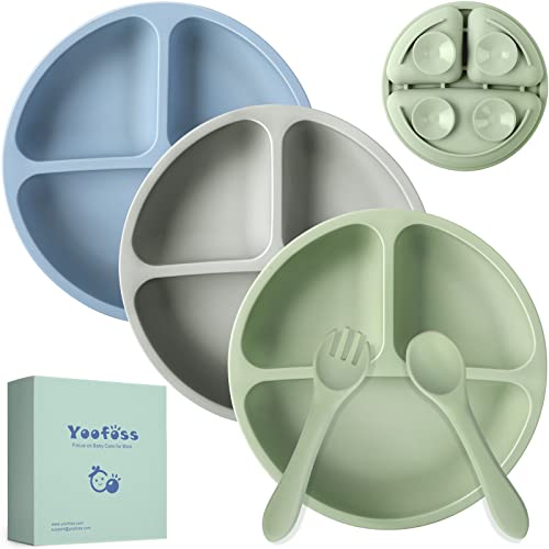 Image of Yoofoss Toddler Plates 3 Pack - Suction Plates for Baby - 100% Silicone Baby Feeding Set include 1 Set Fork & Spoon - BPA Free - Microwave & Dishwasher Safe - Divided Design