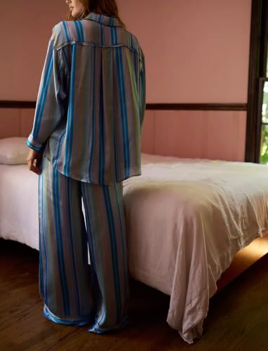 Image of Women Floral Satin Pajamas Long Sleeve Button Shirt Silk Wide Leg Pants Set