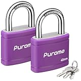 Puroma 2 Pack Keyed Padlock with 3 Keys Alike, 7/8 Inch Locker Lock 40mm Heavy-Duty Locks for Gate Fence Hasp Cabinet Toolbox School Gym Locker (Purple)