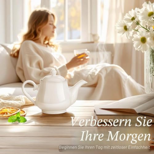Flexzion Porzellan-Teekanne Mit Deckel - Persönliche Keramik-Kanne für 2-3 Tassen, 680 ml, Reinweiß - Mikrowellen- und Spülmaschinenfest – Ansicht 4