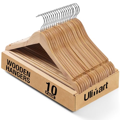Ulimart Wooden Hanger 10 Pack,Wood Hanger Solid Shirt Hangers with Pants Bar,Heavy Duty & Slim Coat Hanger,for Suit Coat Jacket Pants（Natural）