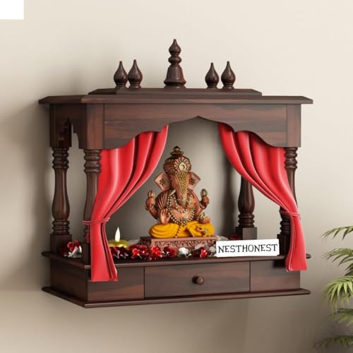 Image of Wall Mounted Solid Sheesham Wood Puja Mandir for Home Solid Wooden Temple for Puja Room with 1 Drawer Storage Pooja Ghar Wooden Furniture for Pooja Room Sheesham Wood, Walnut Finish (Walnut, 1 Drawer)